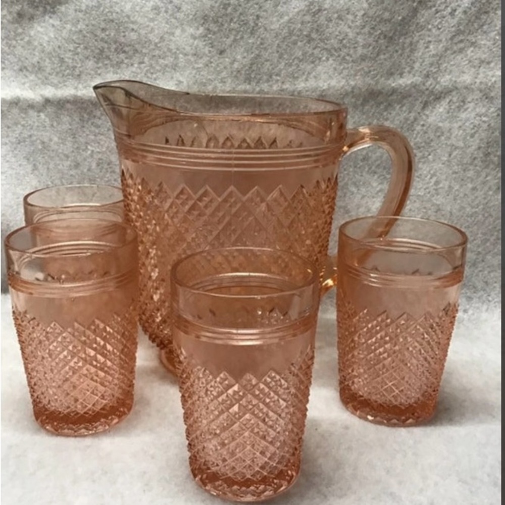 Pink Depression glass Miss America pitcher and glasses mint condition VINTAGE - Picture 1 of 8